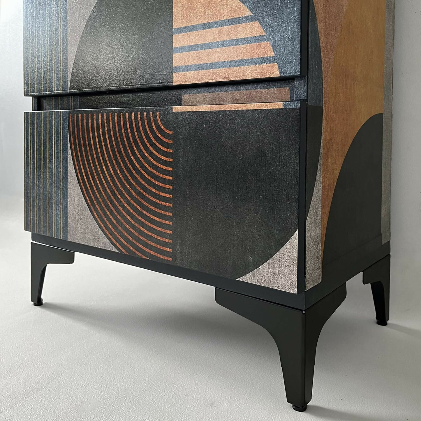 modern shallow chest of drawers, dcorated textured abstract legs from closer