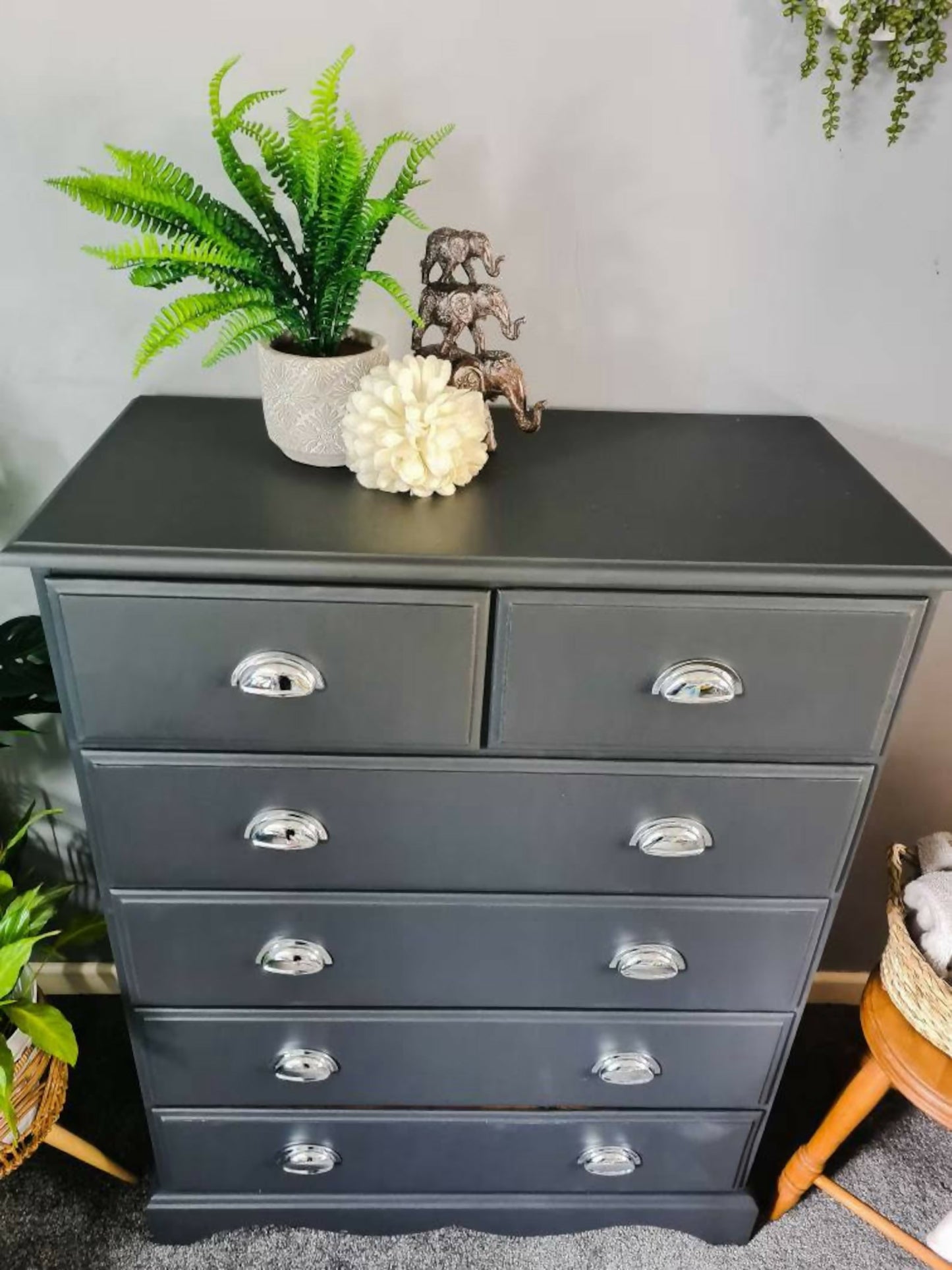 grey chest of drawers. Grey, bedroom furniture,tall boy