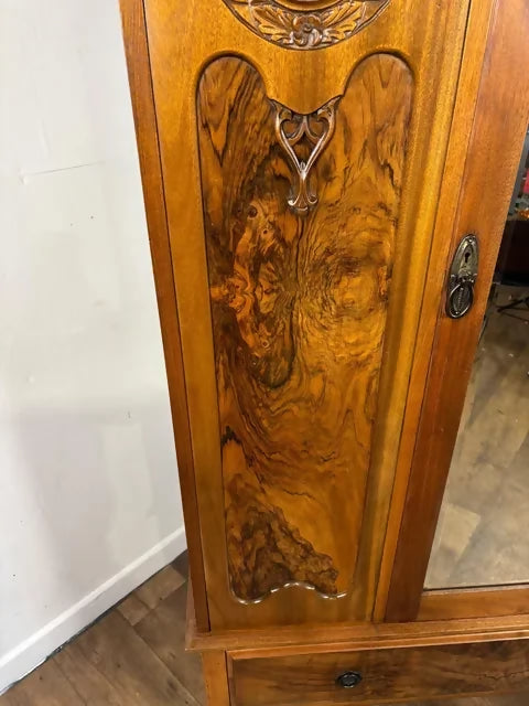 Edwardian Walnut Single Door Mirrored Wardrobe with Carved Panels