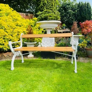 Rare White Cast Iron and Oak Garden Bench