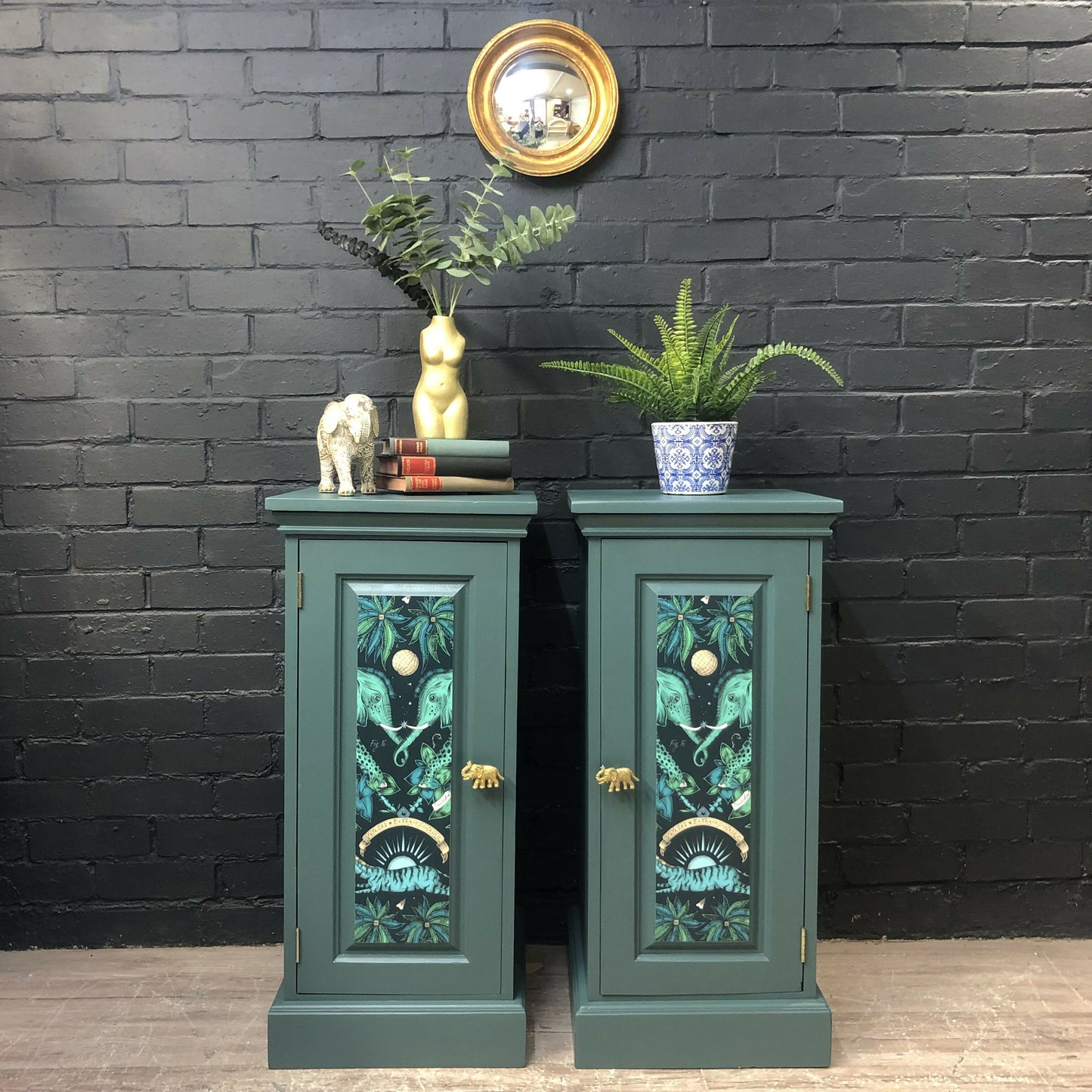 MADE TO ORDER: Pair of upcycled green bedside tables with papered fronts
