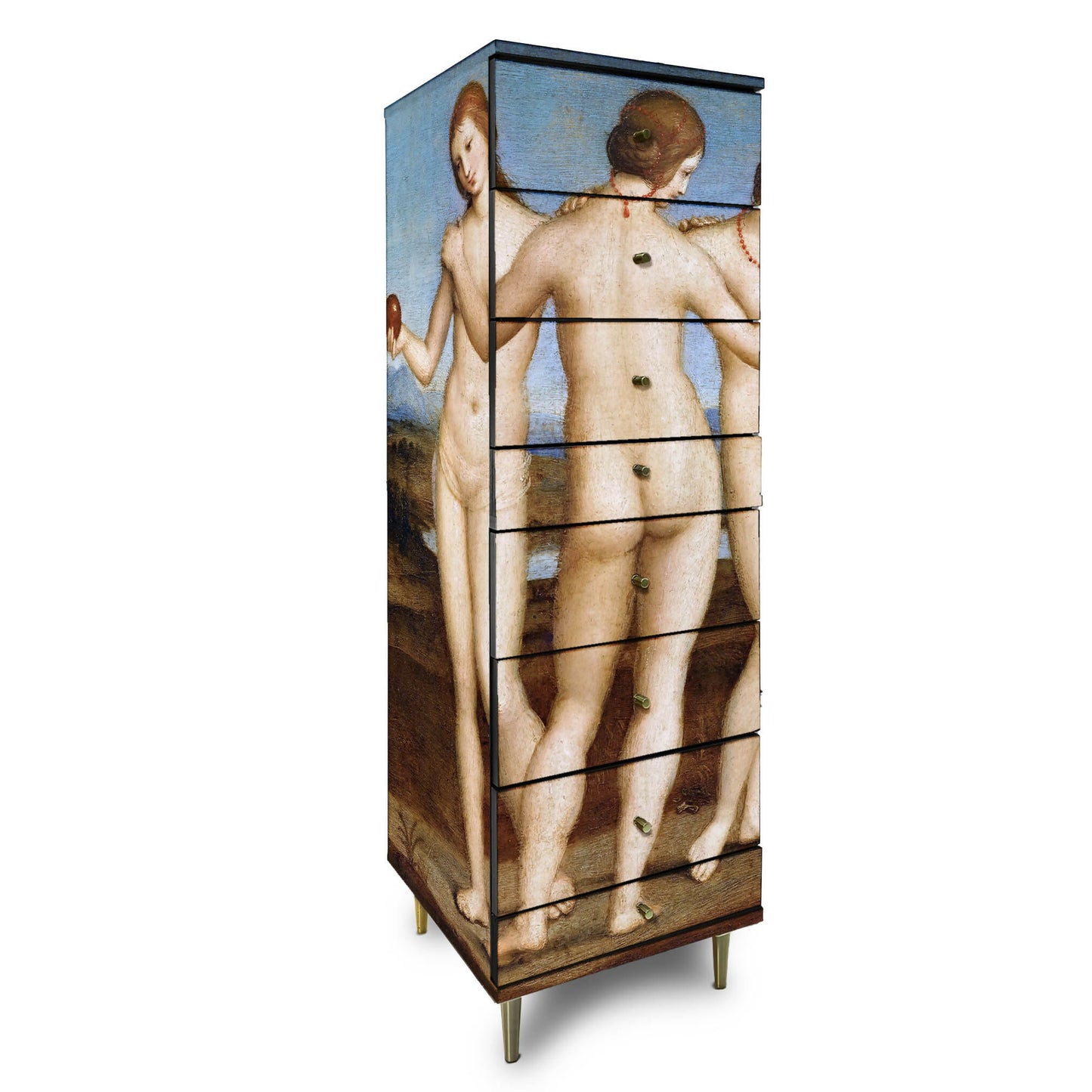 Upcycled vintage tallboy chest of drawers decorated with Raphaels painting of trhee naked ladies gold legs and handles