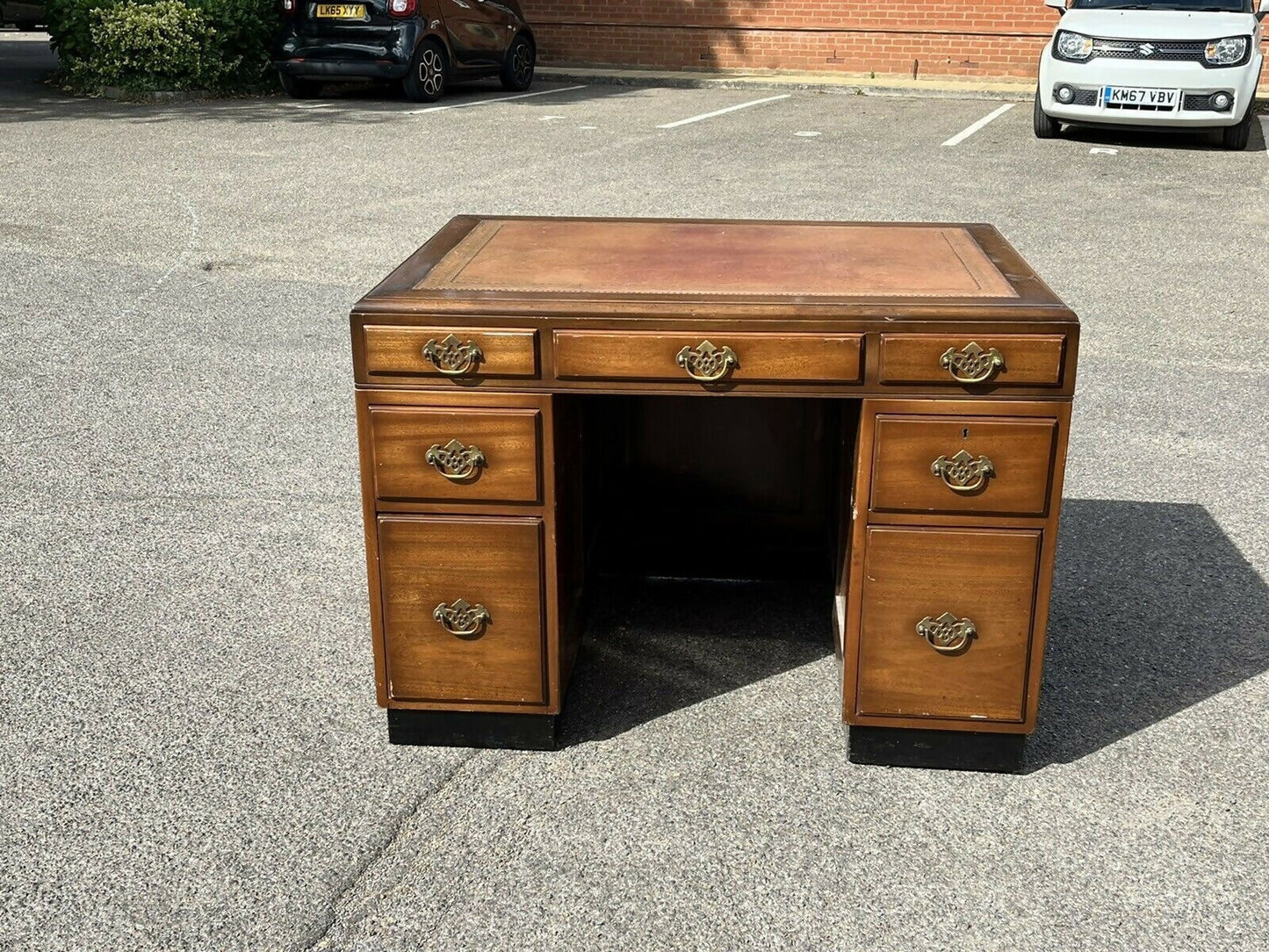 Mahogany Desk, Brass Handles, Panelled Sides & Rear.