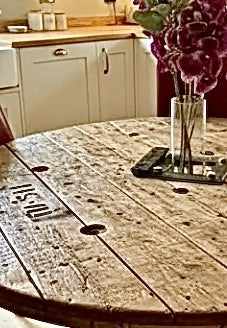 Original, Bespoke made Solid Cable Reel Round Dining Table, with four Bespoke made Dark Fuchsia Chairs