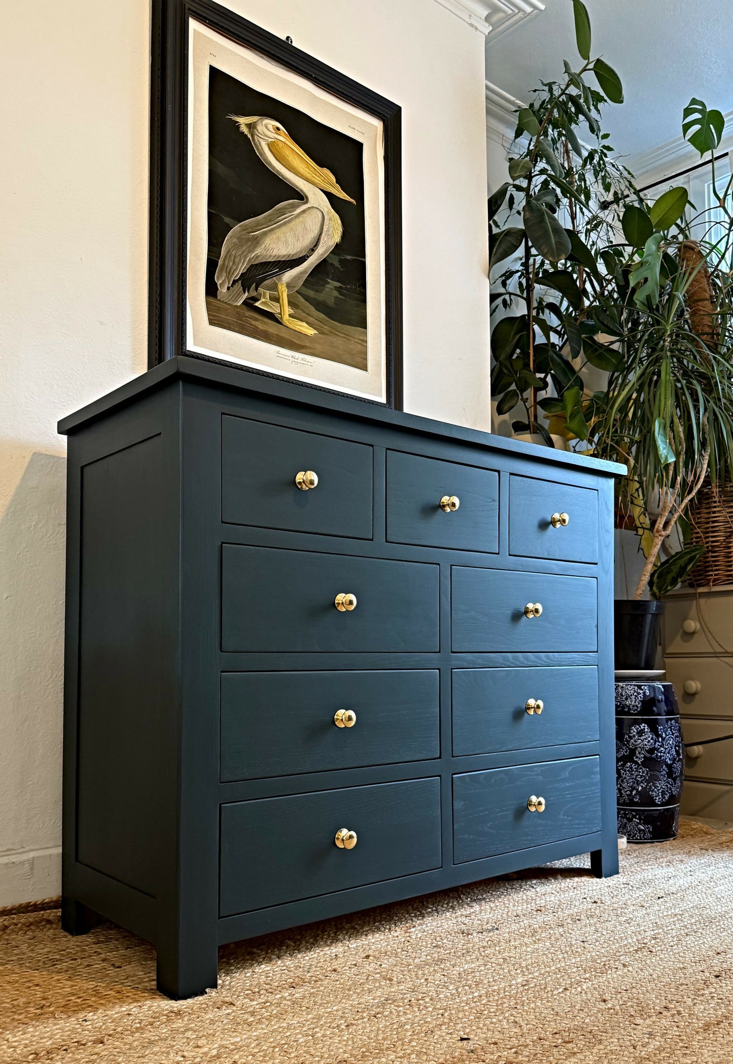 Newly refurbished solid oak chest of drawers bank of drawers dresser blue sideboard
