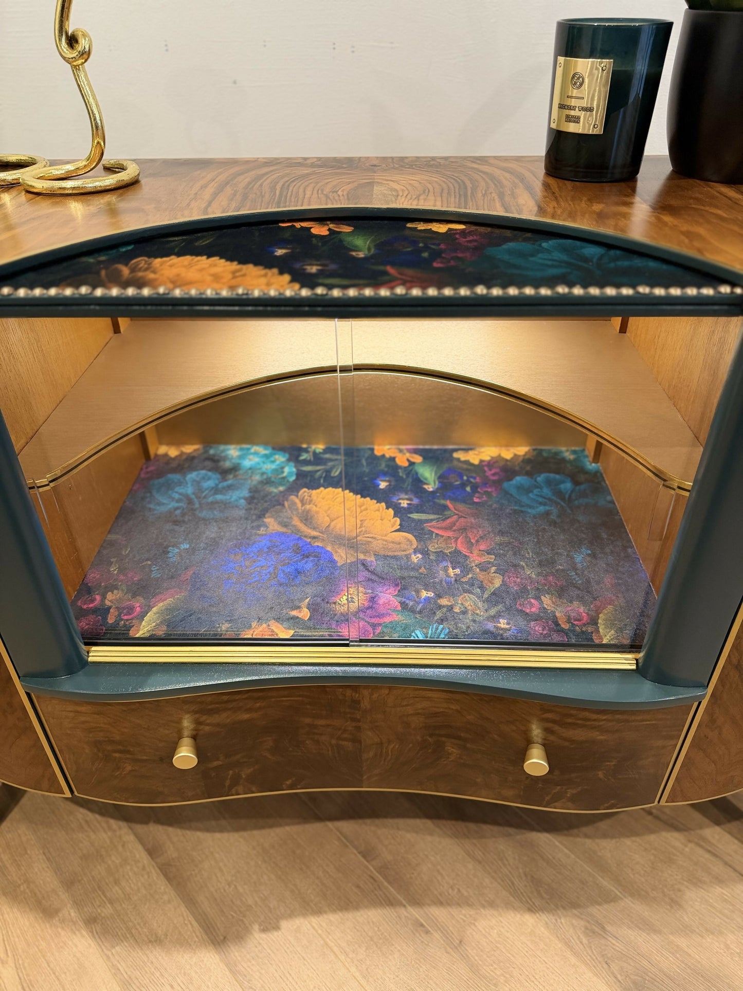Luxury Unique Art Deco Sideboard with Drinks Cocktail Cabinet Section or TV Console | Refinished Hand Painted Vintage Green, Gold & Velvet | Black Leopard Interiors