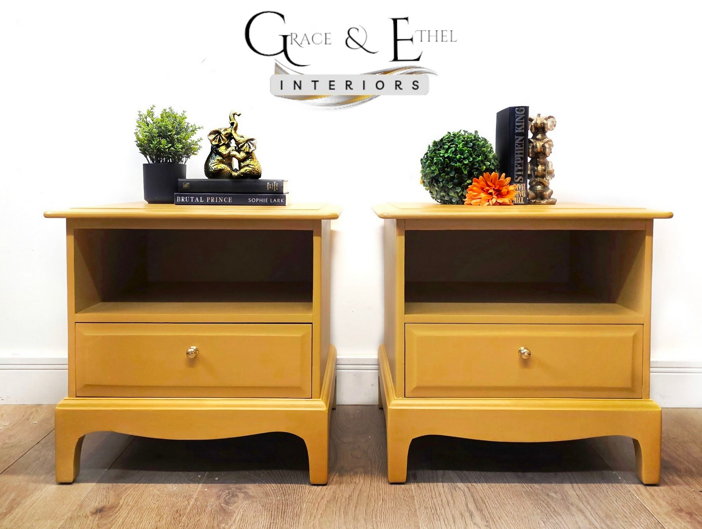 mustard yellow stag minstrel bedside cabinets