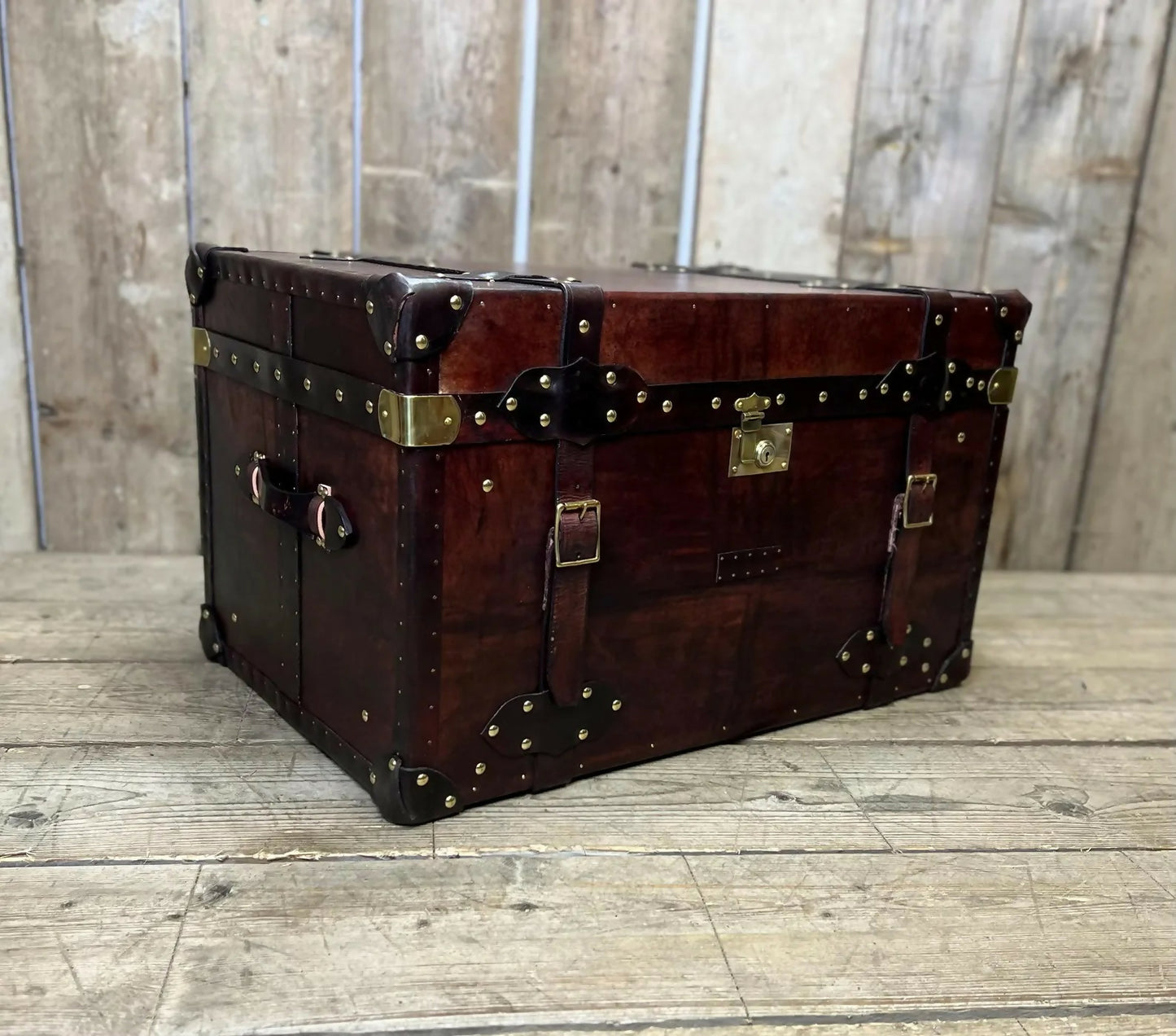 Genuine Bridle Leather Hand Dyed Belted Chestnut Brown Coffee Table Trunk