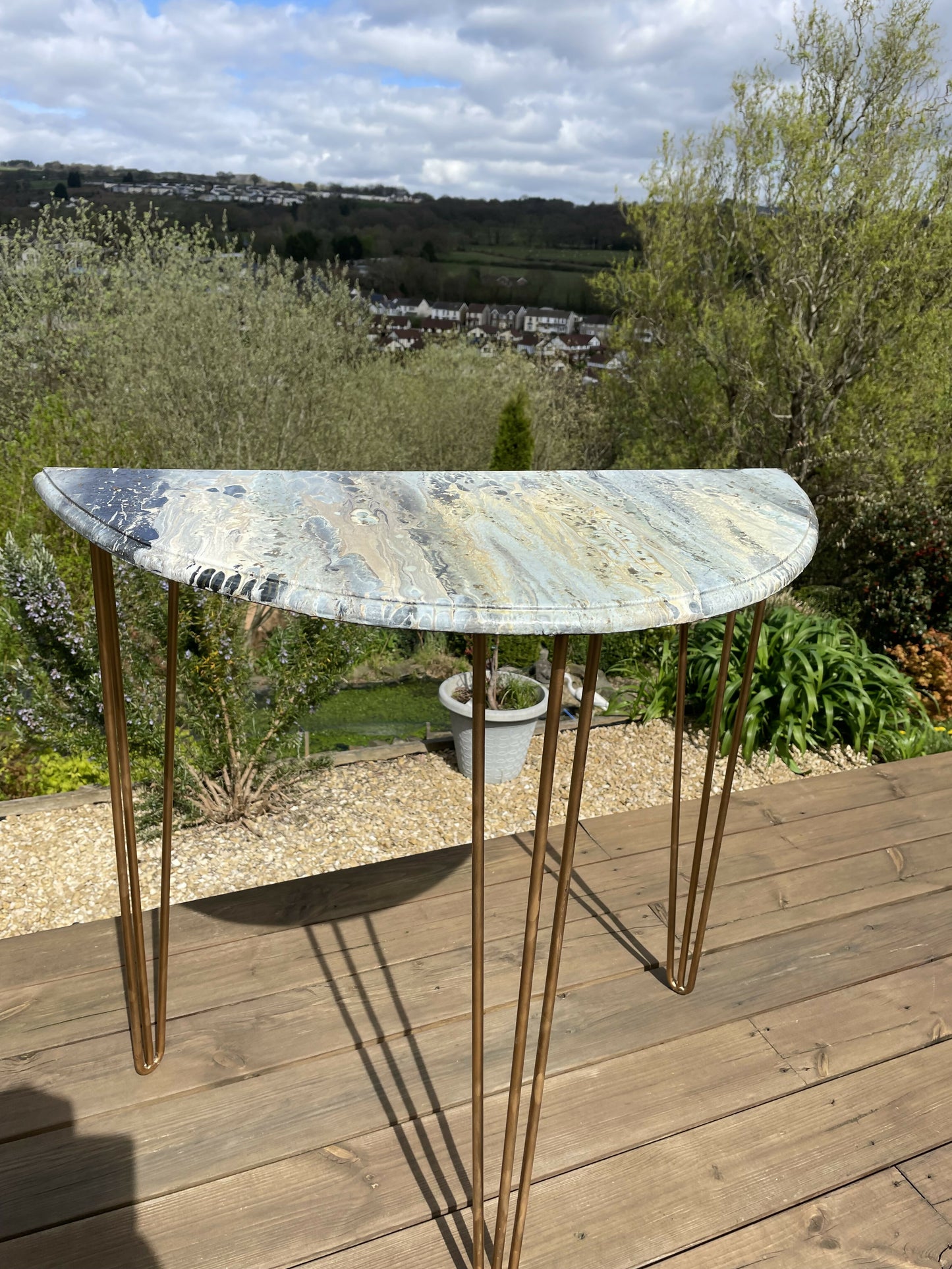 Console Half Circle Table with Hairpin Legs Paint Marble Effect