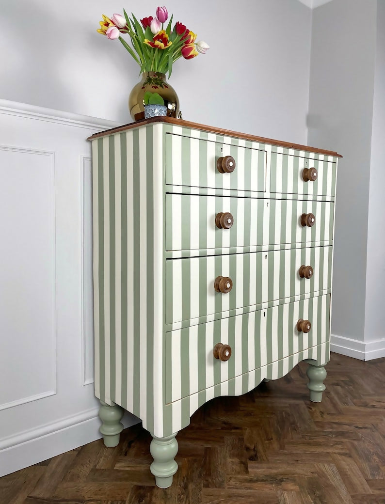 painted green and white Victorian pine chest of drawers with original solid oak handles