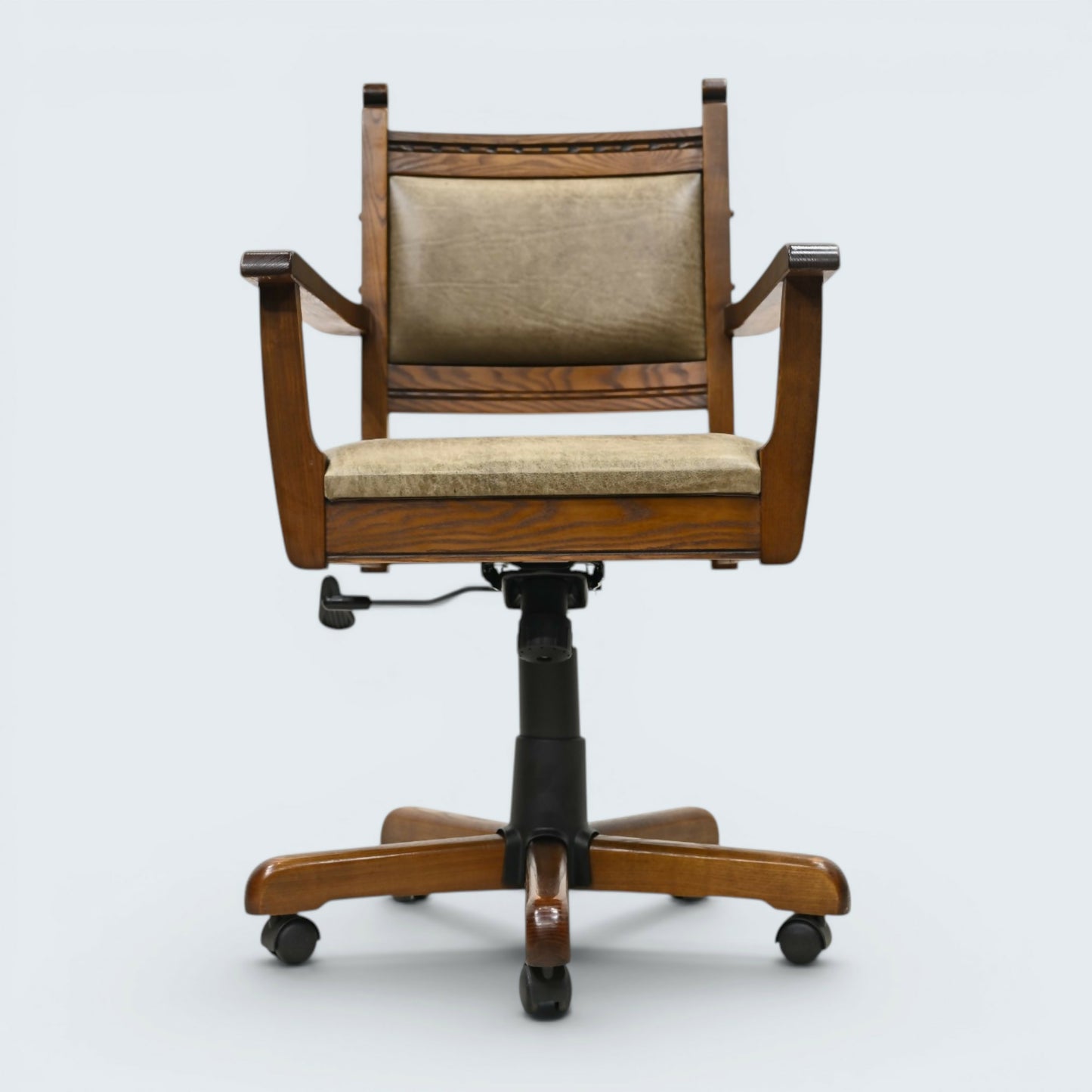 Vintage Wood Bros Old Charm Captains Office Chair Green Hide Leather Tilt Swivel