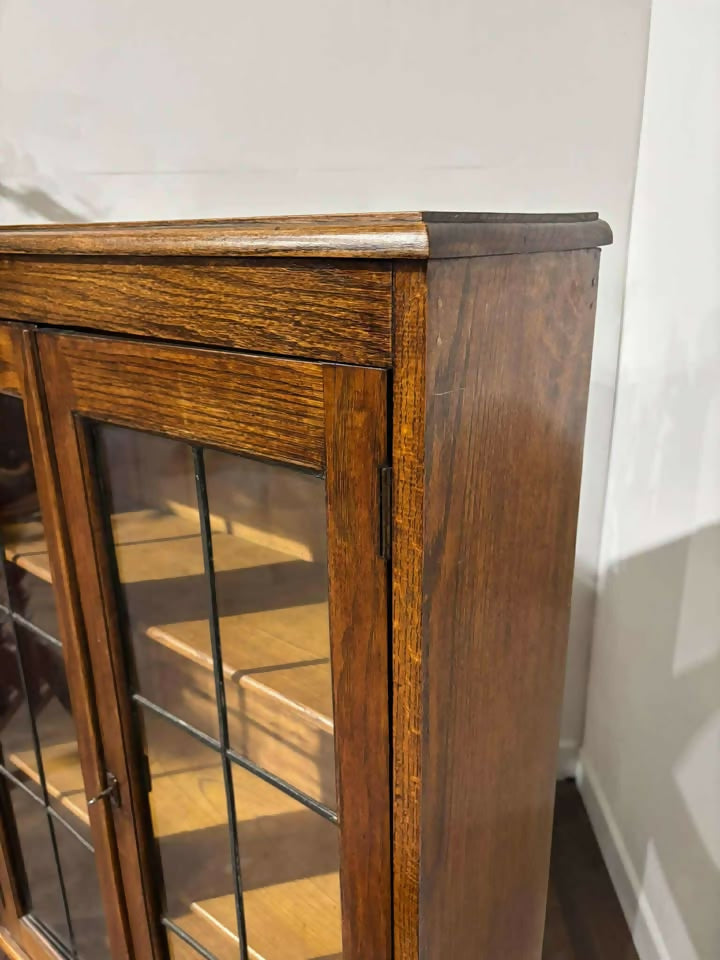 Vintage Oak Two Door Bookcase– Leaded Glass Doors