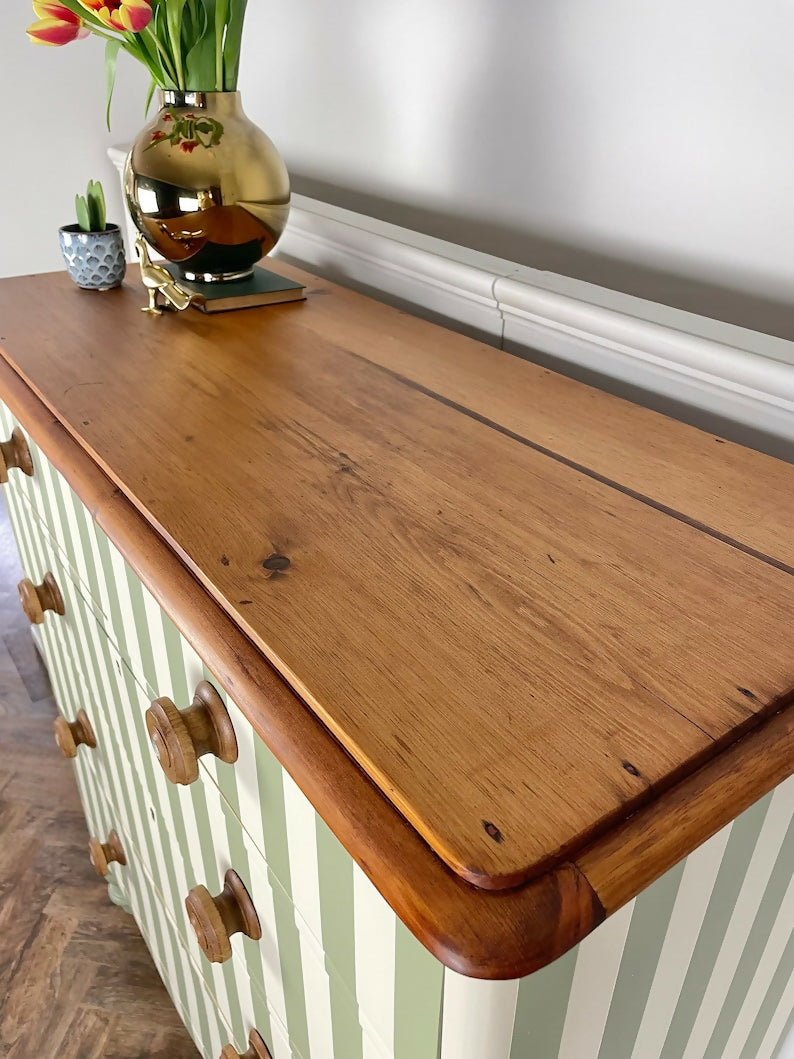 painted green and white Victorian pine chest of drawers with original solid oak handles