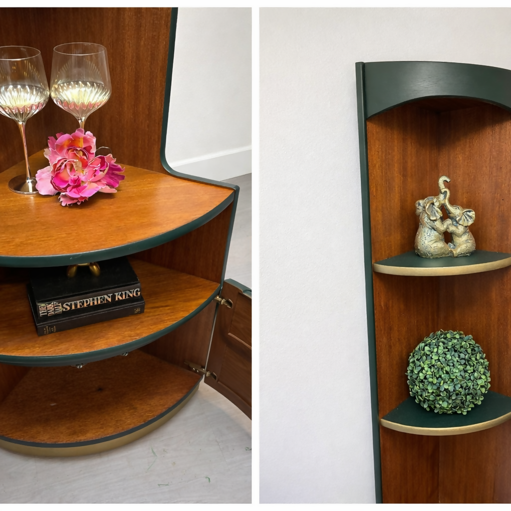 Mid century modern nathan corner unit,drinks cabinet in green and gold