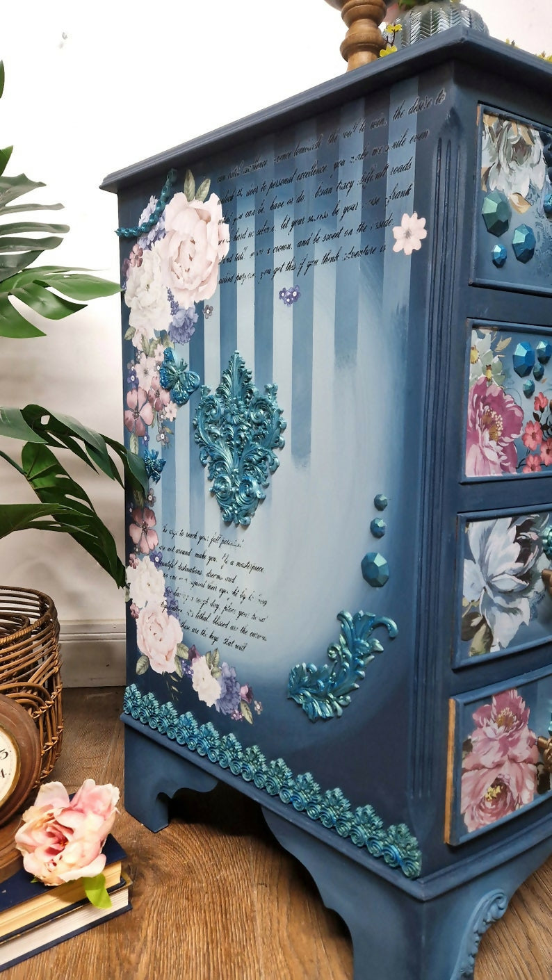 Blue Upcycled Vintage Bedside Cabinet Drawers