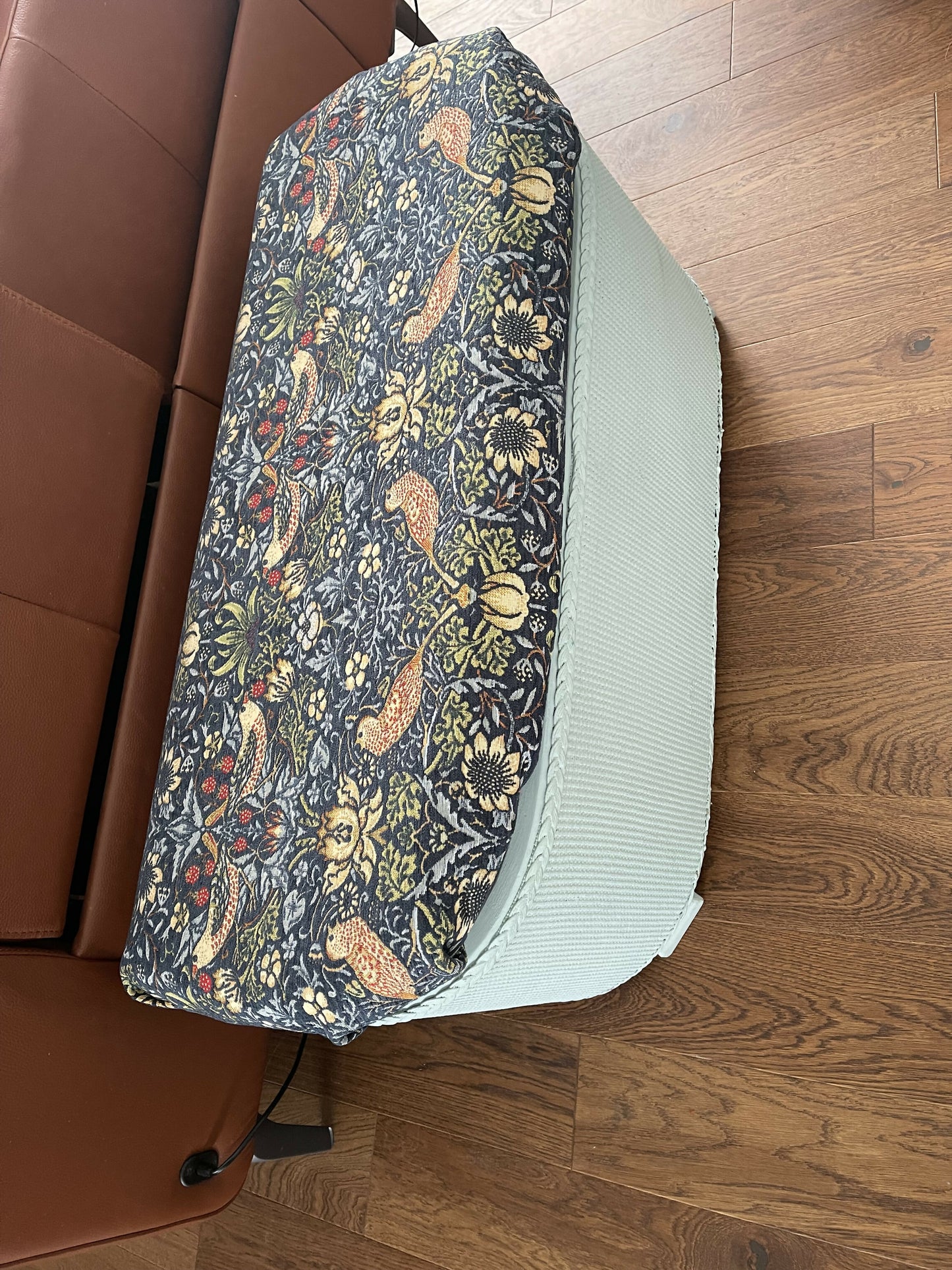 Mid century sky blue painted ottoman with William morris style upholstered seat