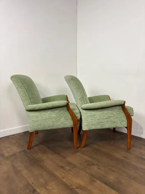 Vintage Pair of Parker Knoll Light Green Upholstered Armchairs – Model PK 749-1014