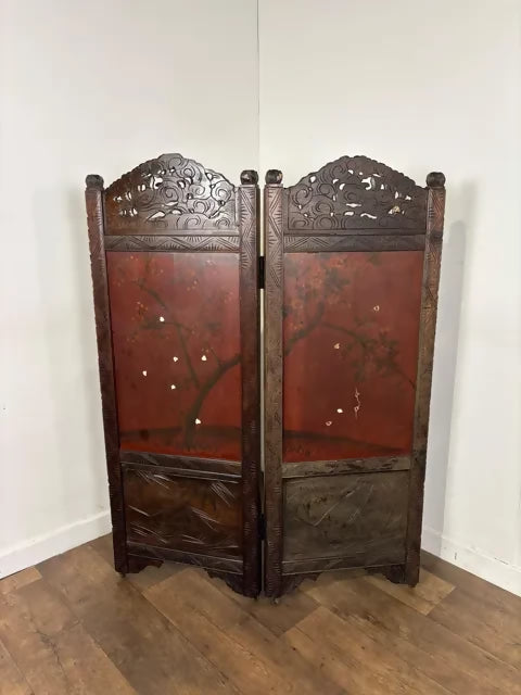Heavily Carved Vintage Oriental Two Fold Screen