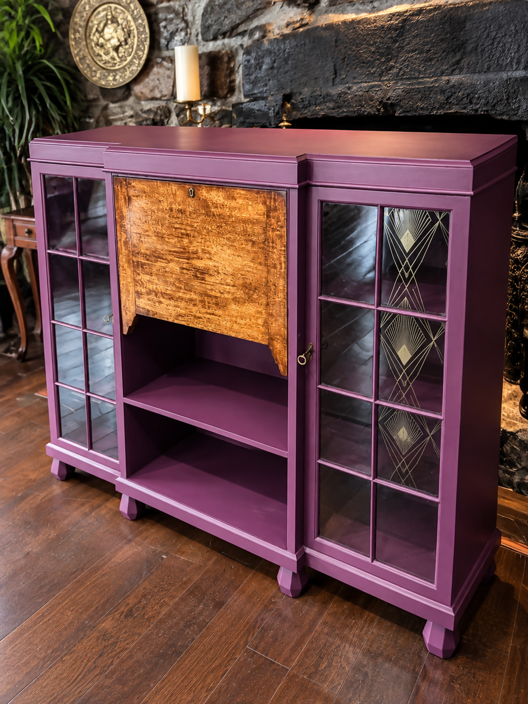 Art Deco Writing Bureau Bookcase & Drinks Cabinet - Aubergine Purple, Walnut & Glass