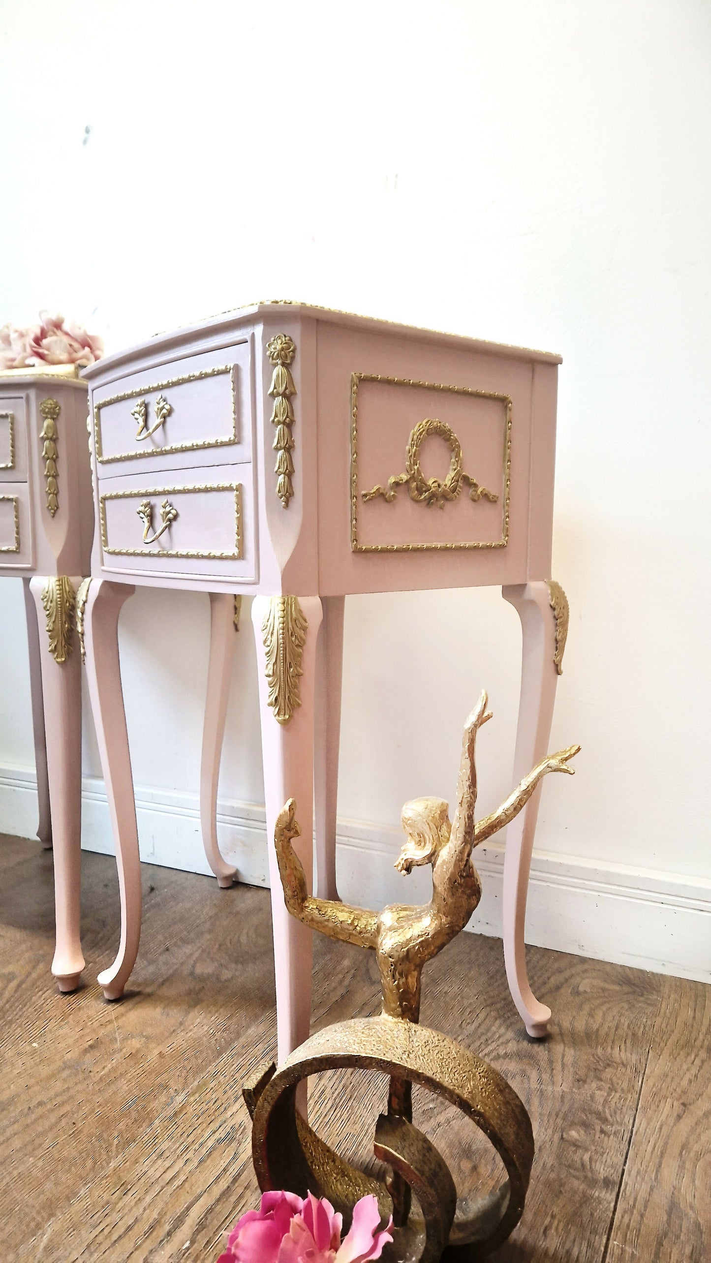 Dusky pink louis bedside cabinets