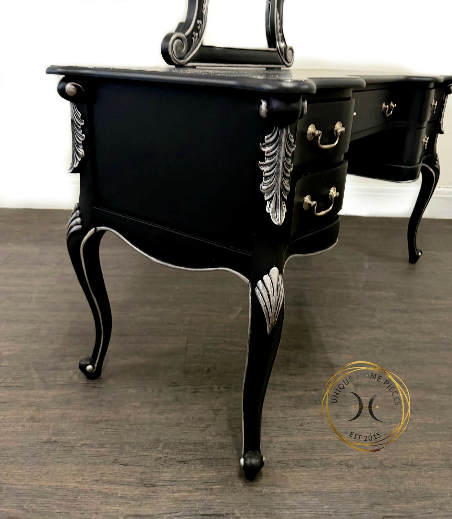 Contemporary Black and Silver French Rococo Dressing Table With Mirror
