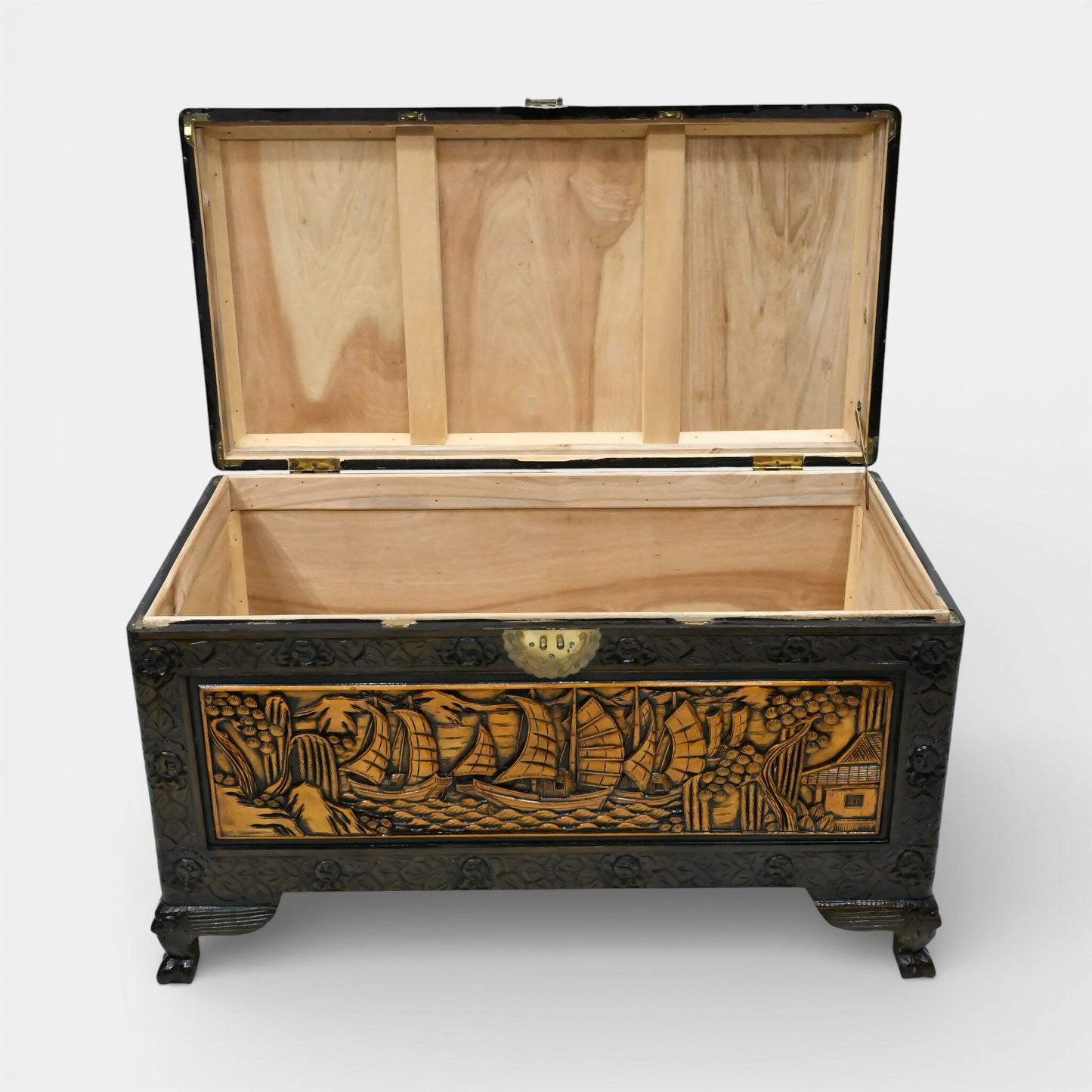 Chinese Carved Chest Trunk Camphor Wood Fine Carvings H60cm x W104cm x D56cm. SBR11127/3110E