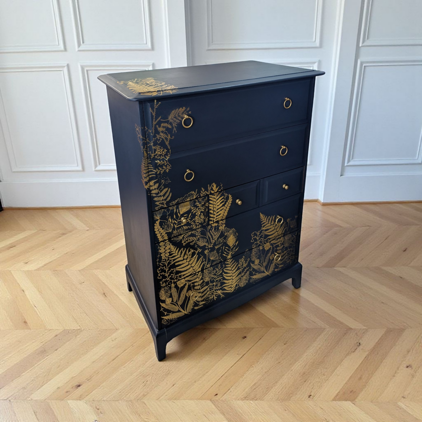 Vintage Stag minstrel 7 drawers tallboy, navy blue chest of drawers mid century modern dresser