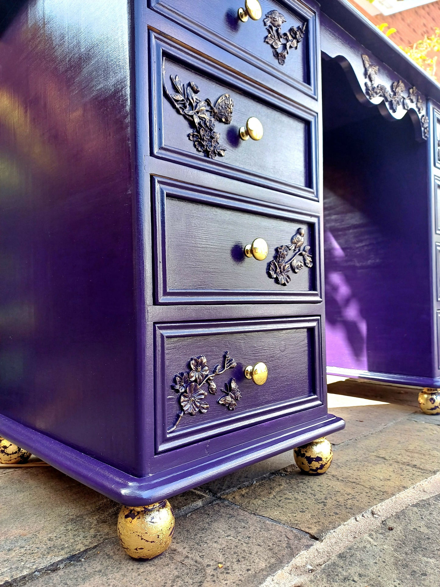 Upcycled Deep Purple and Gold Dressing Table with Flower and Bird Mould Design