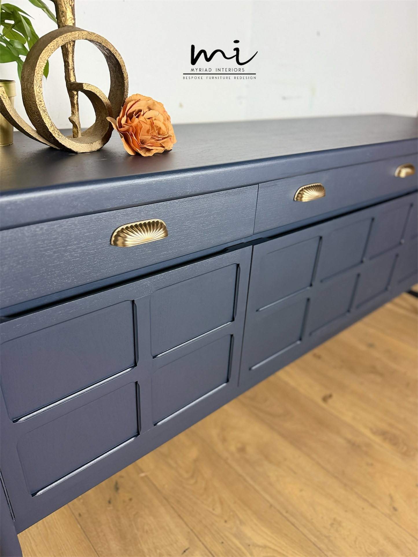 Refinished mid century Nathan sideboard drinks cabinet, navy blue with art deco chinoiserie inspired design, gold, cocktail, tv media unit