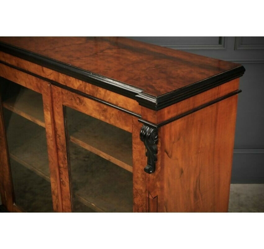 Vintage Victorian Glazed Figured Walnut Bookcase Display Cabinet