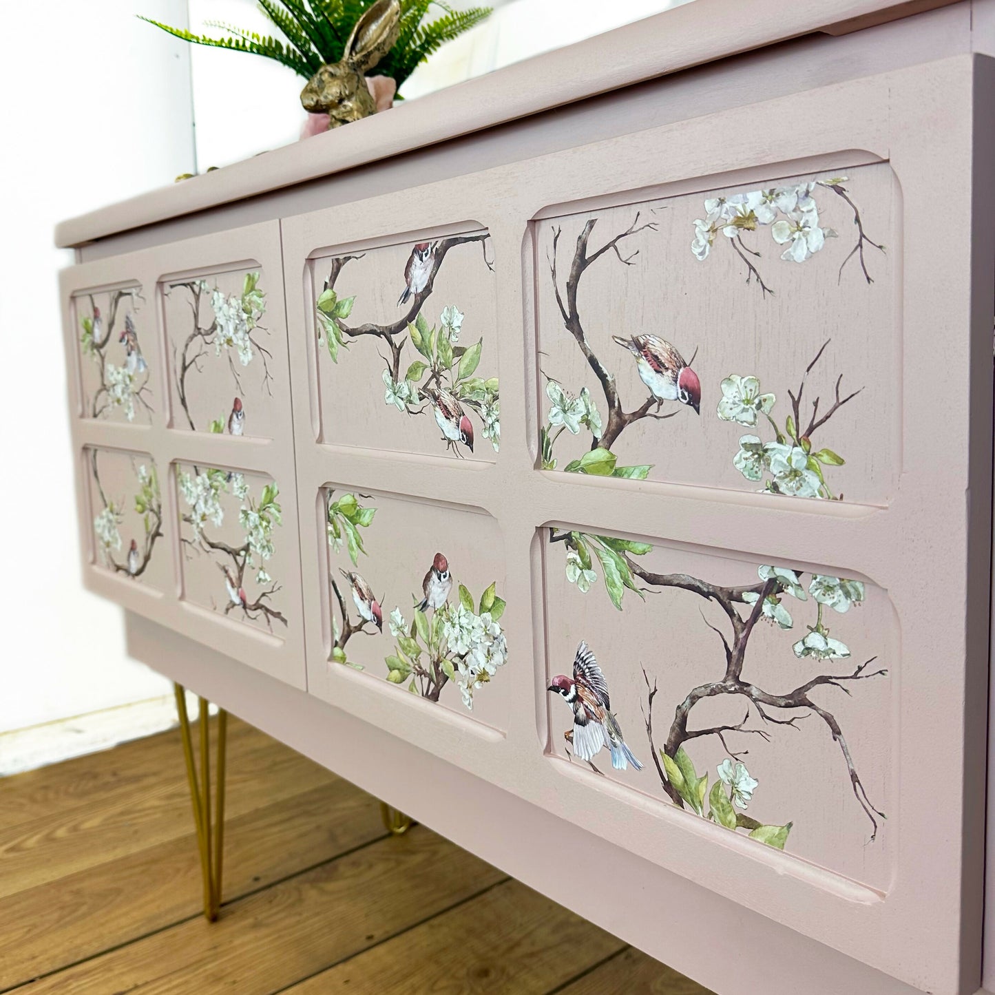 MADE TO ORDER Refurbished Nathan sideboard, TV unit, pale dusky pink, blossom flight, birds, country cottage, mid century, vintage console table, cupboard
