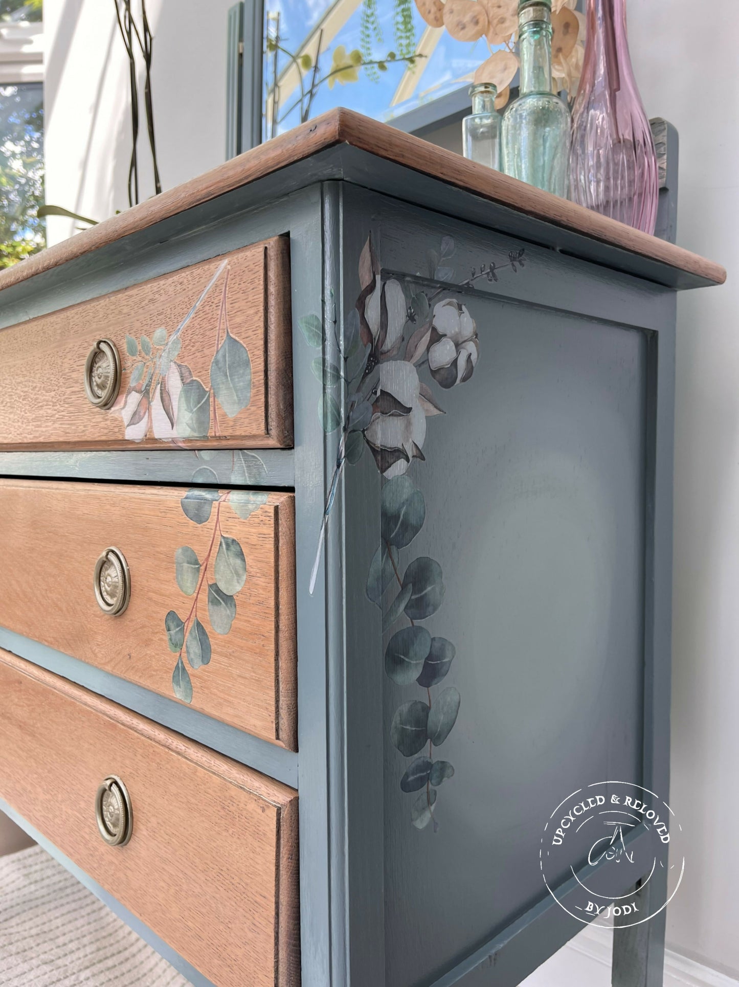 NOW SOLD! Please do not order. Vintage chest of drawers and dressing table with mirror in blue ombré