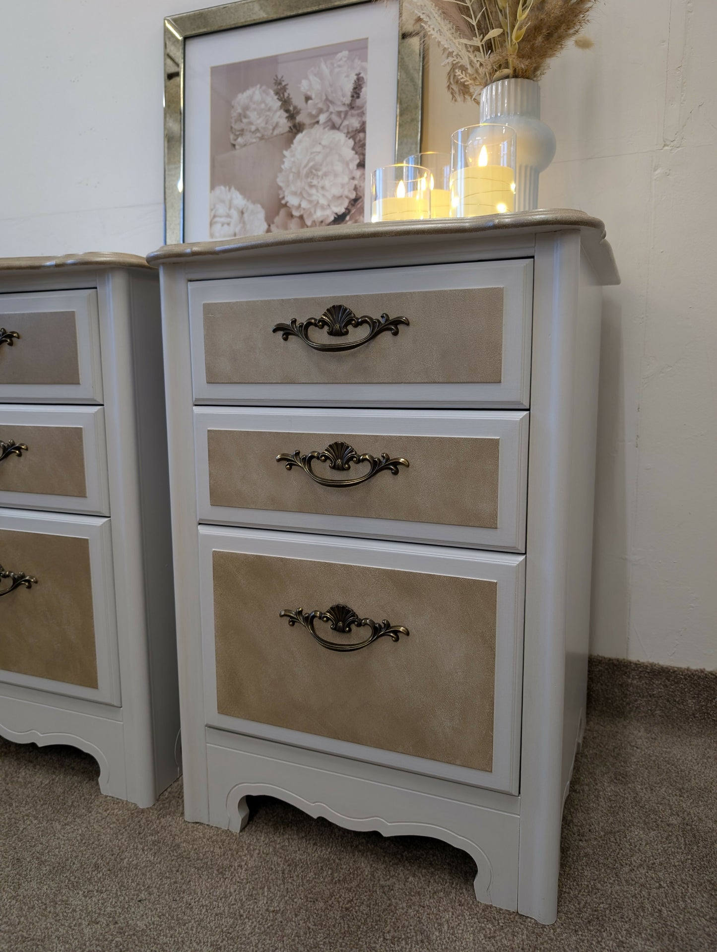 Pair of Vintage Bedside Cabinets in White with Metallic Champagne Detailing