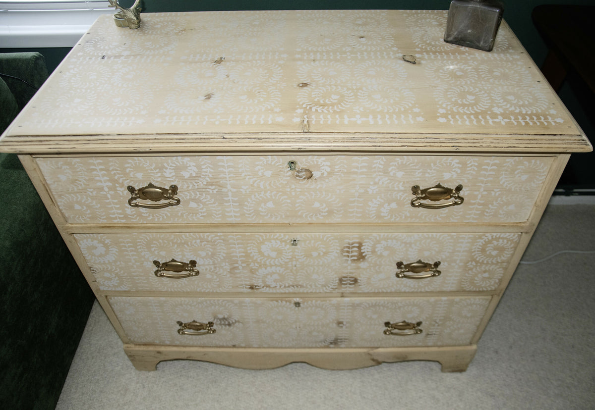 Antique Pine Chest of Drawers with stencils , three large drawers