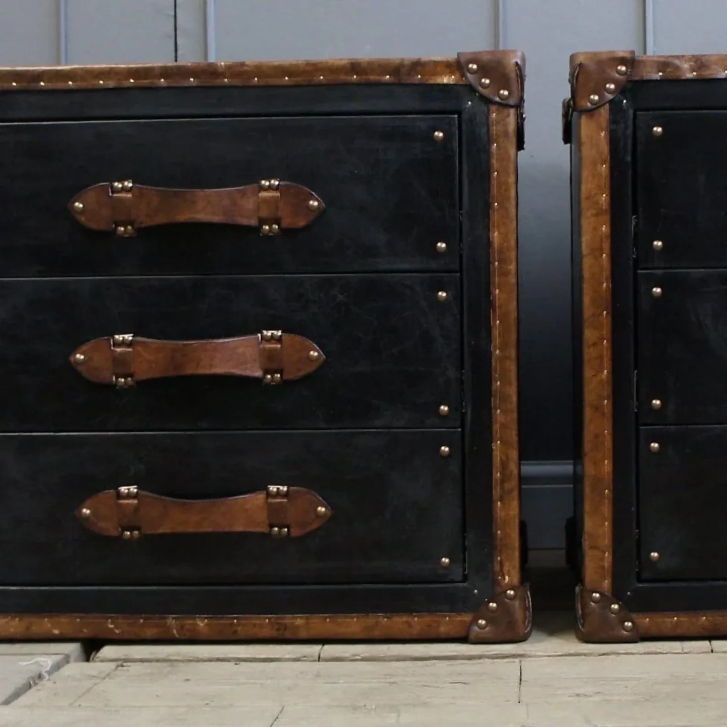 Black Leather & Tan Leather Bedside Drawers