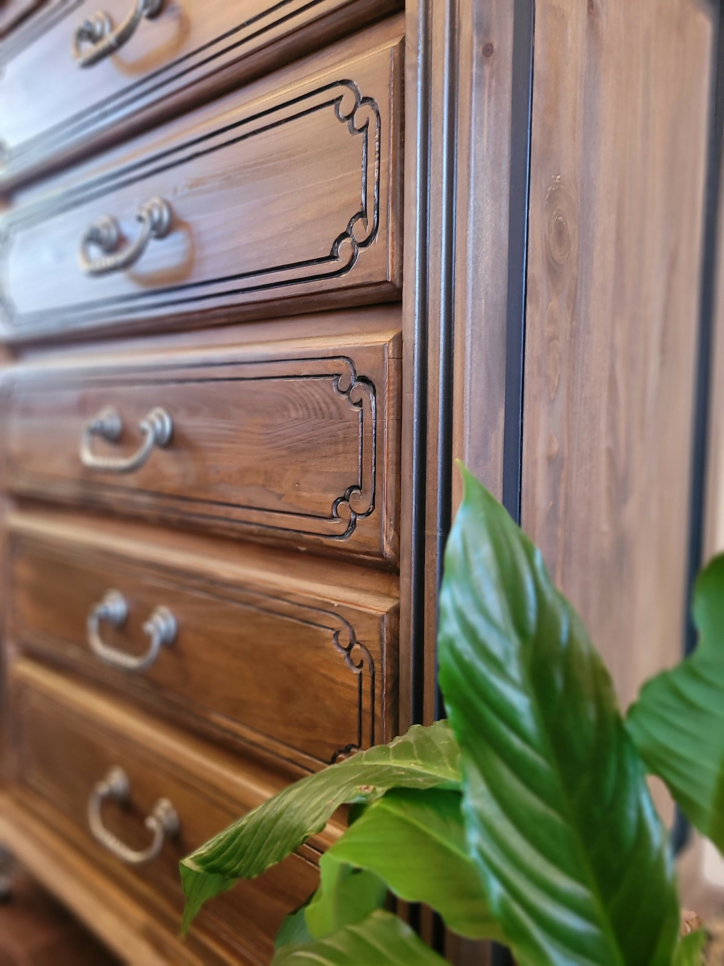 Vintage carved solid wood handmade chest of drawers