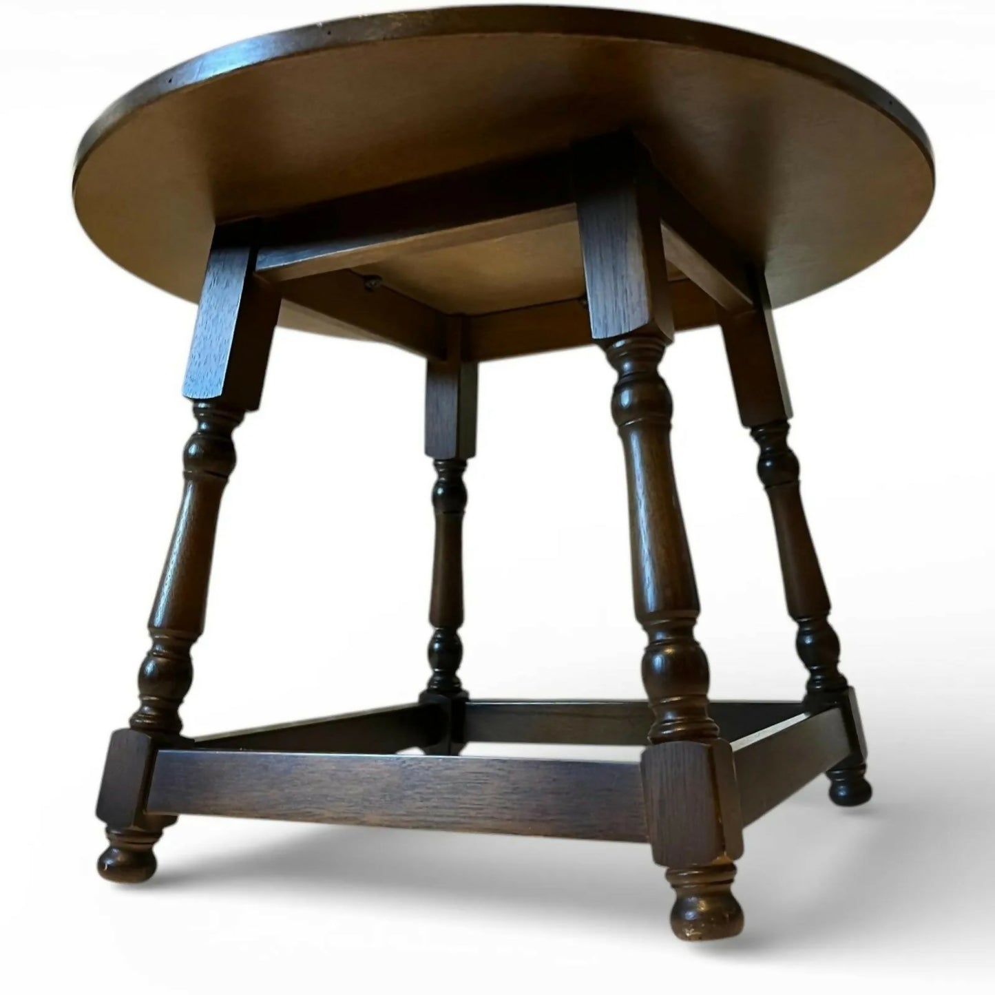 Round Wooden Side Table 66cm Diameter 49cm Height Dark Brown Turned Leg Vintage