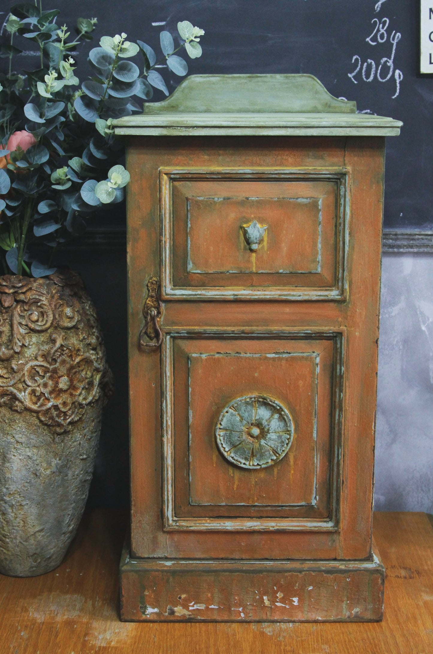 SOLD !!! Vintage Bedside Cabinet, Patina Bedside Cabinet, Orange Cabinet, Painted Bedside Table