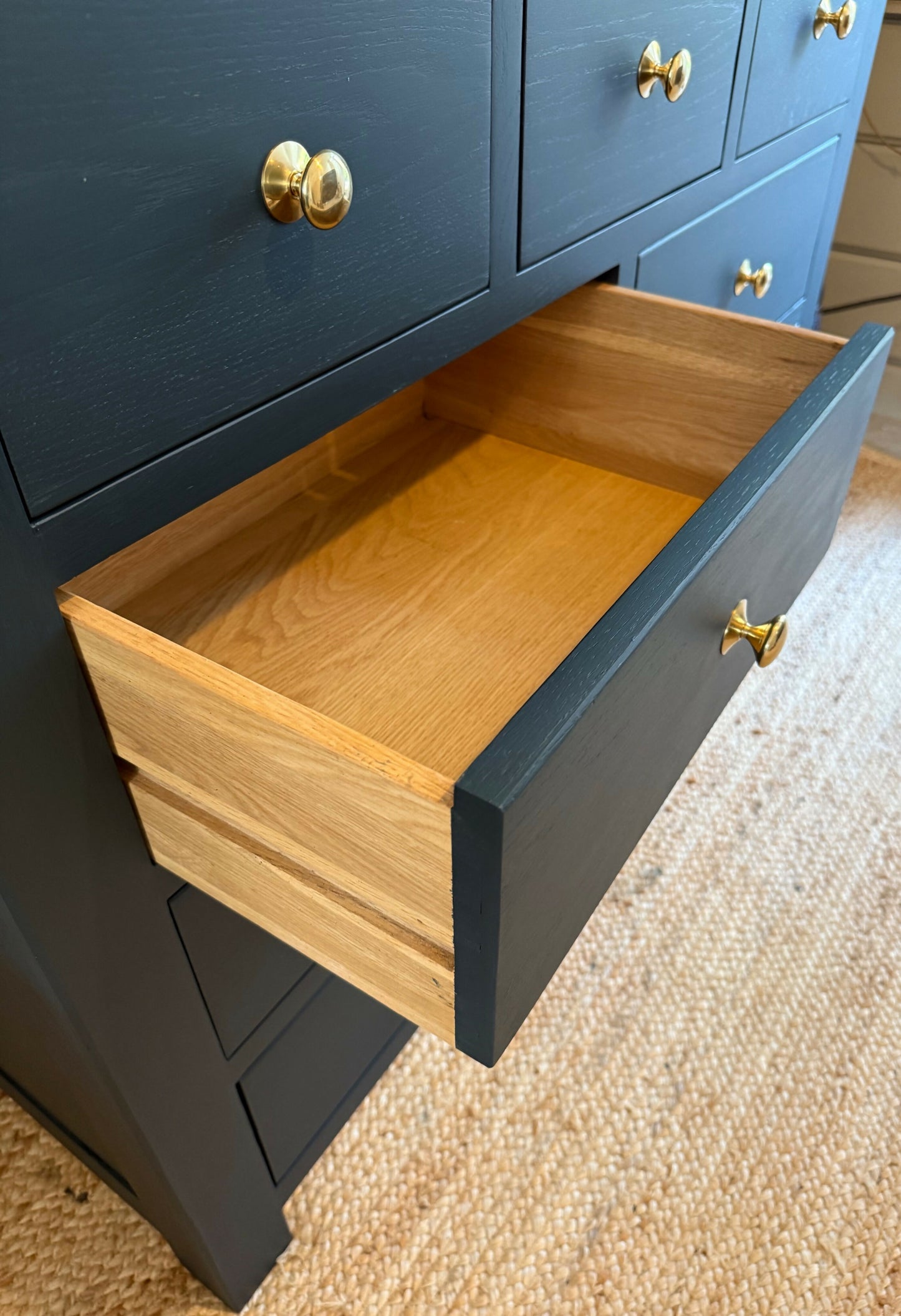 Newly refurbished solid oak chest of drawers bank of drawers dresser blue sideboard