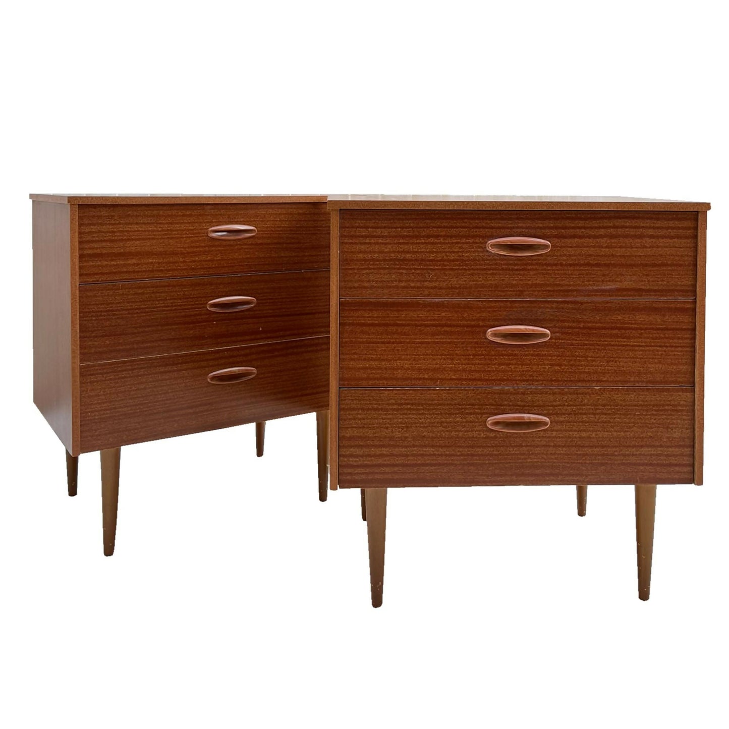 twoidenticalvintagechestofdrawerswith3drawersinwhitebackground