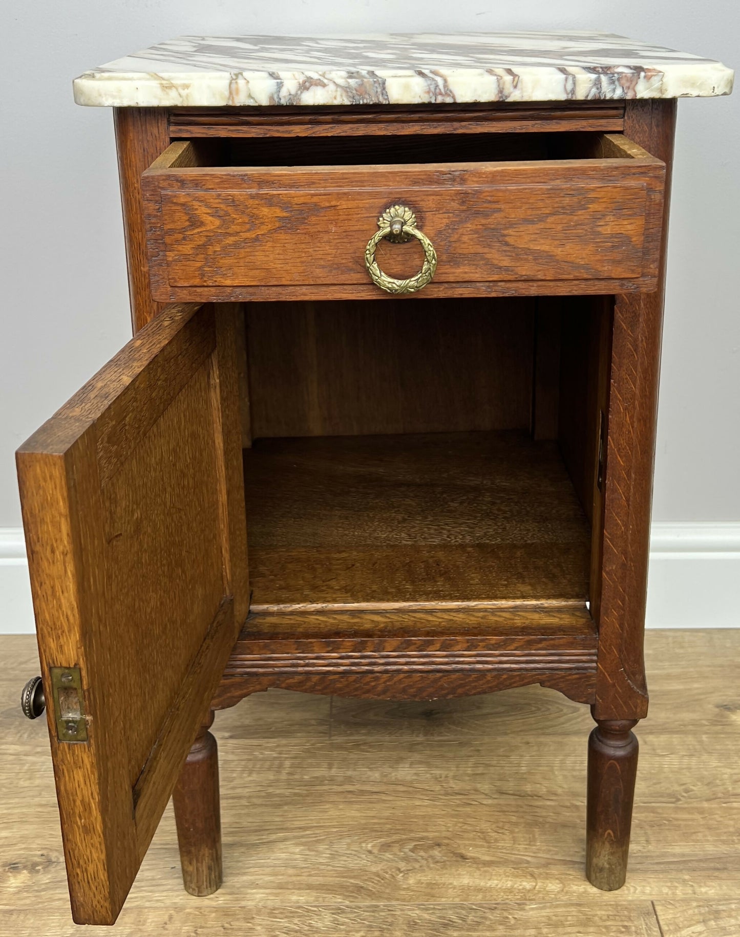 Bedside Table Antique French Marble Top Oak Cabinet Carved Cupboard LOT 6353