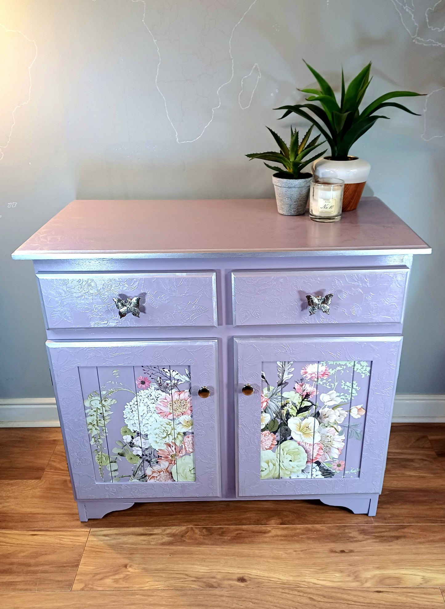 Upcycled Lilac and Silver Floral Cupboard