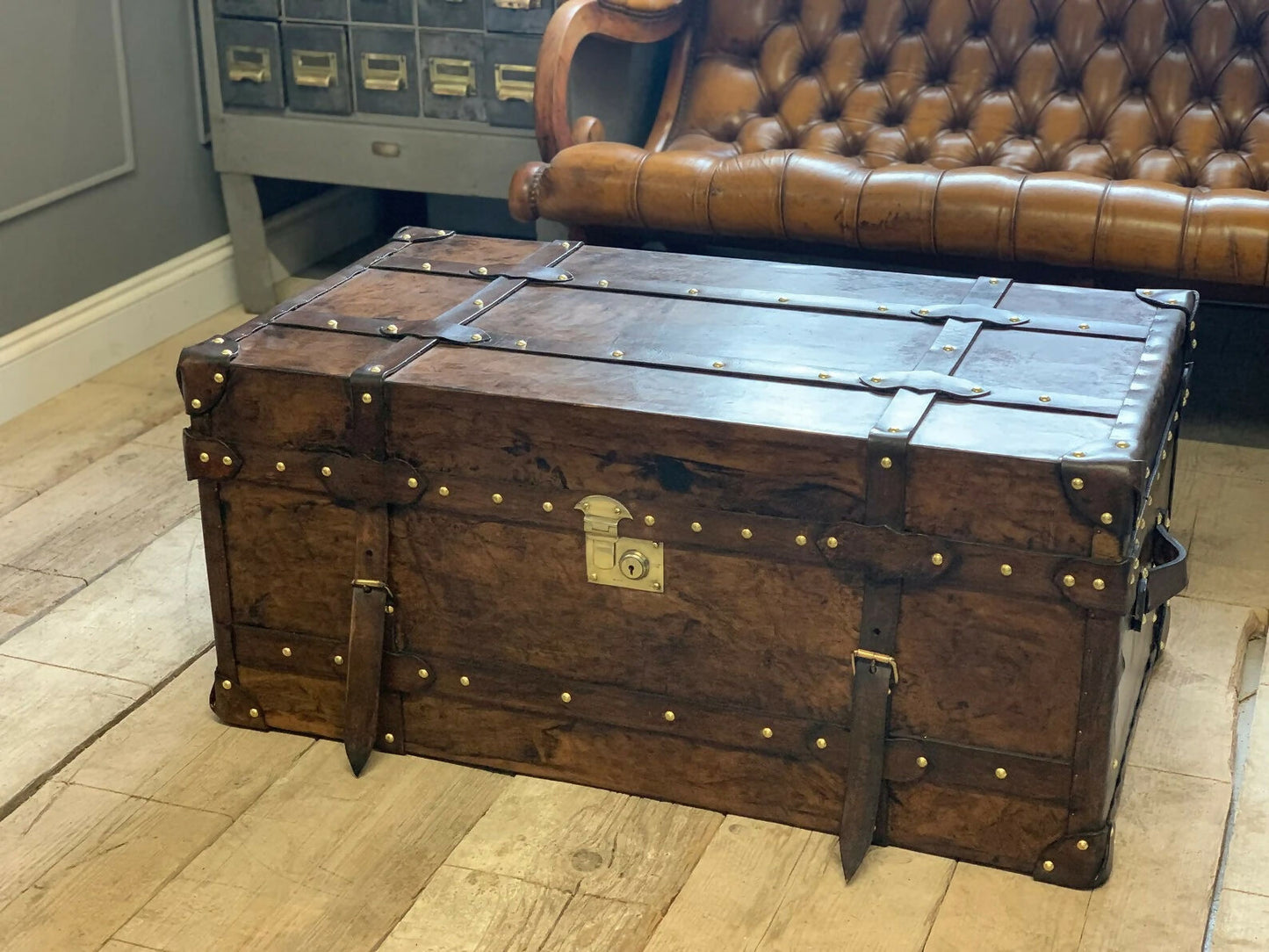 English Leather Belted Coffee table Trunk