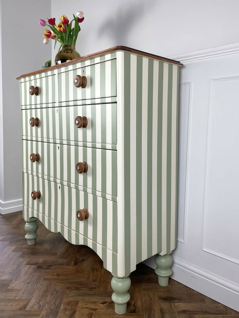 painted green and white Victorian pine chest of drawers with original solid oak handles