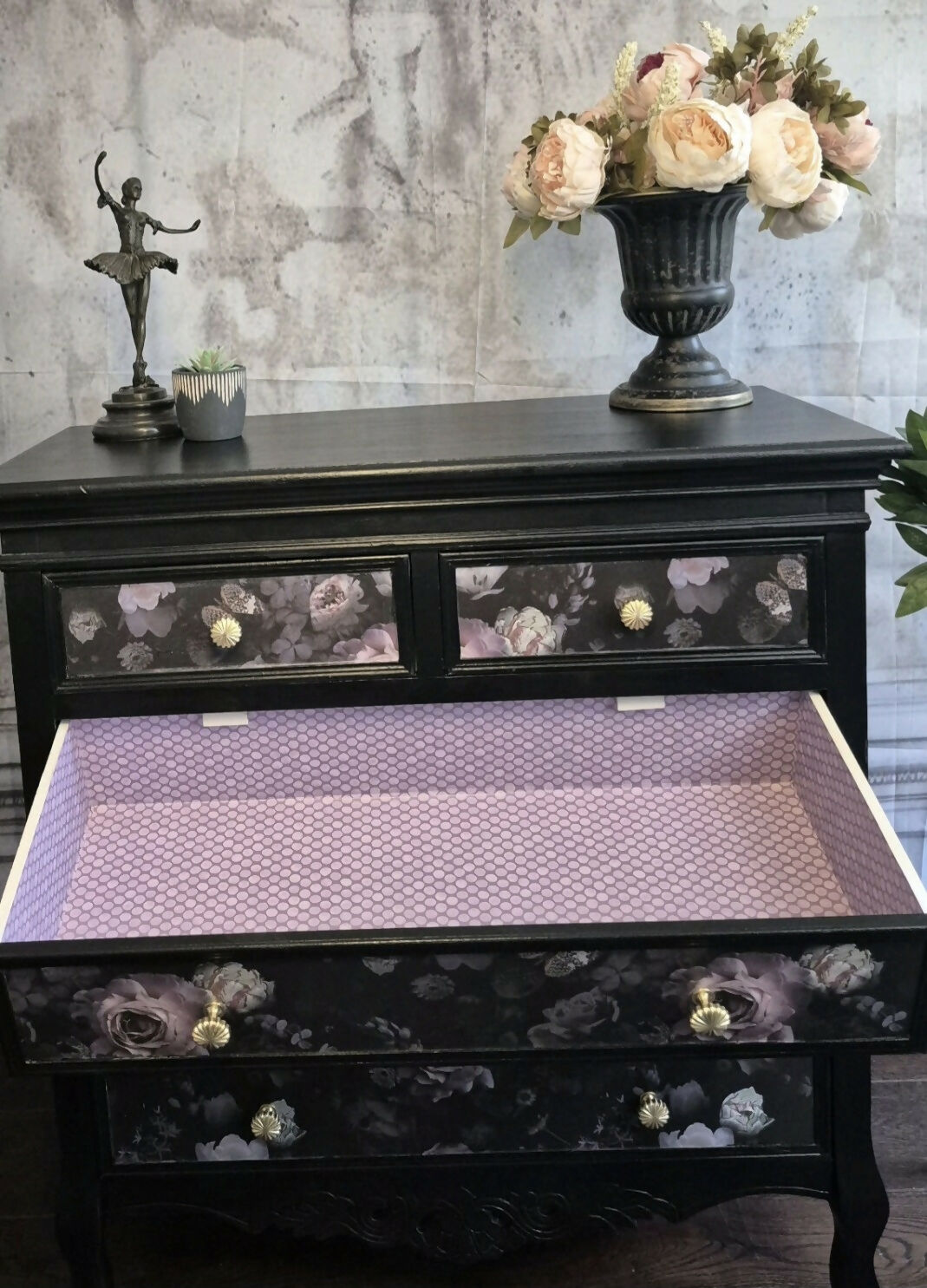 SOLD - Upcycled French Style Chest of Drawers: Black Floral Dresser with Gold Pulls