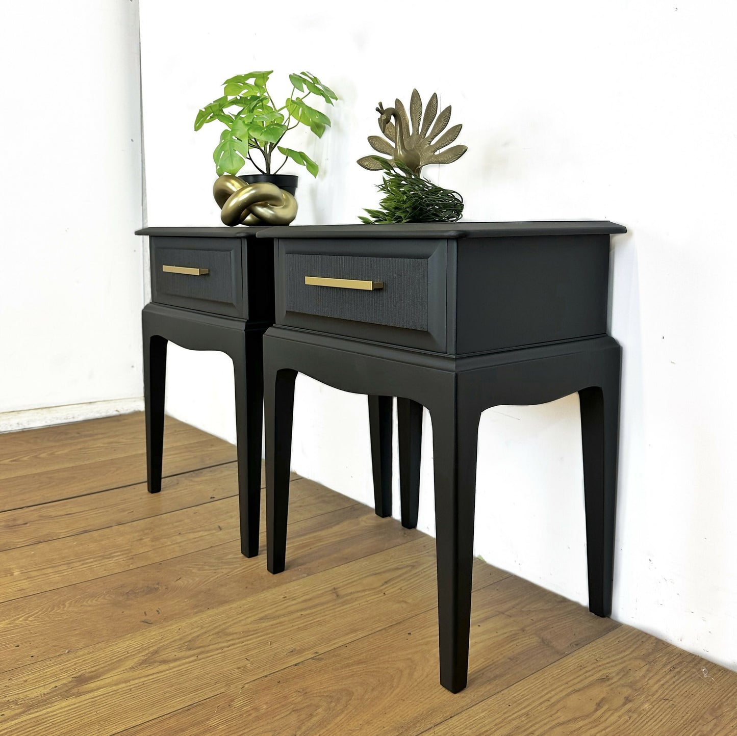 MADE TO ORDER Refinished Mid Century Stag Minstrel bedside tables, black, vintage nightstands