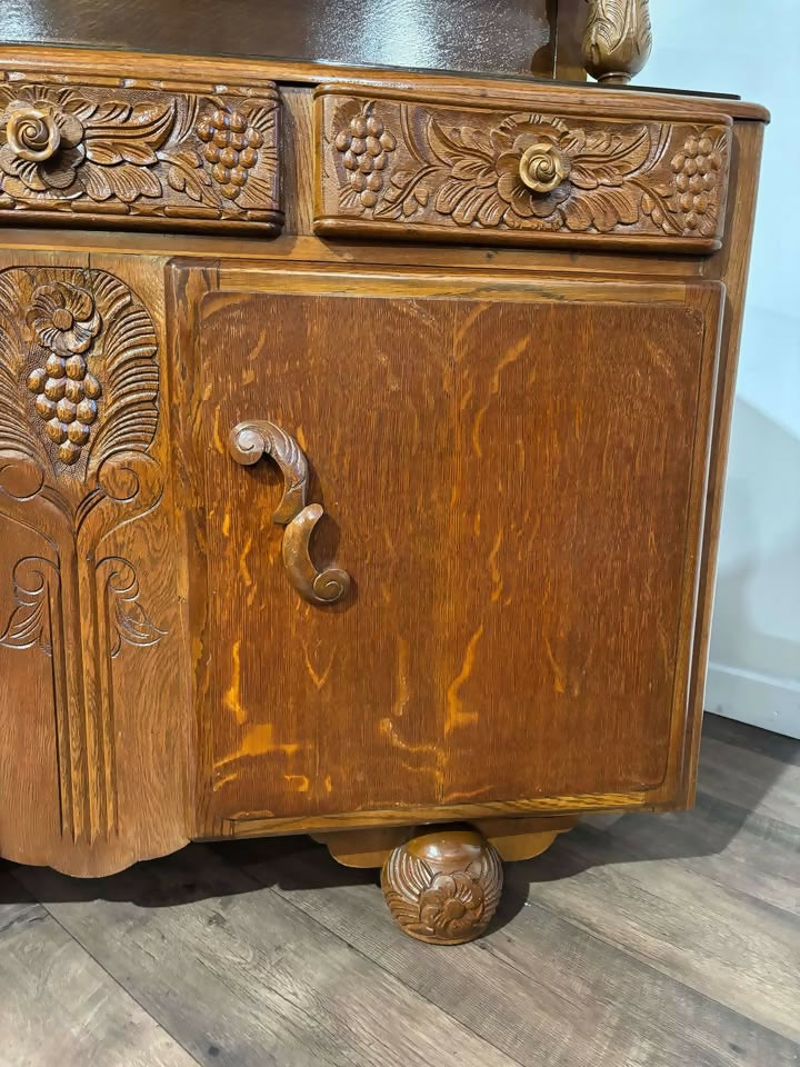 Vintage Honey Oak Carved Sideboardm
