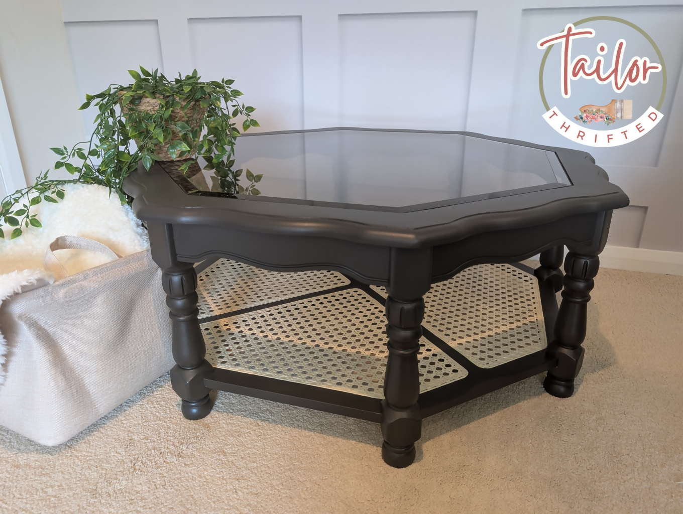 Tailor Thrifted Upcycled Vintage Cane and Glass Table Set 22