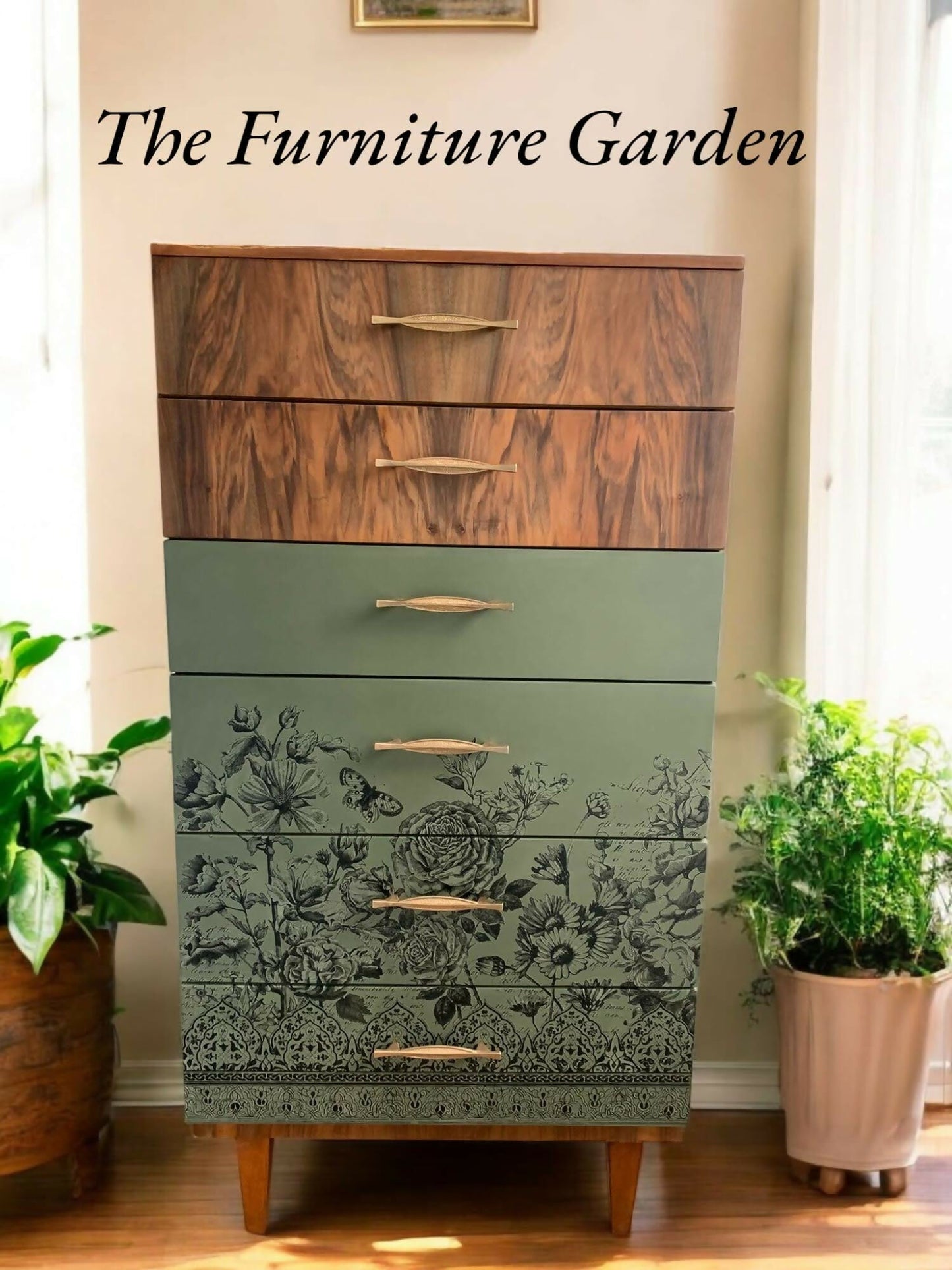 Mid Century Modern Teak Dresser: Olive Green Floral Transfer, 6-Drawer