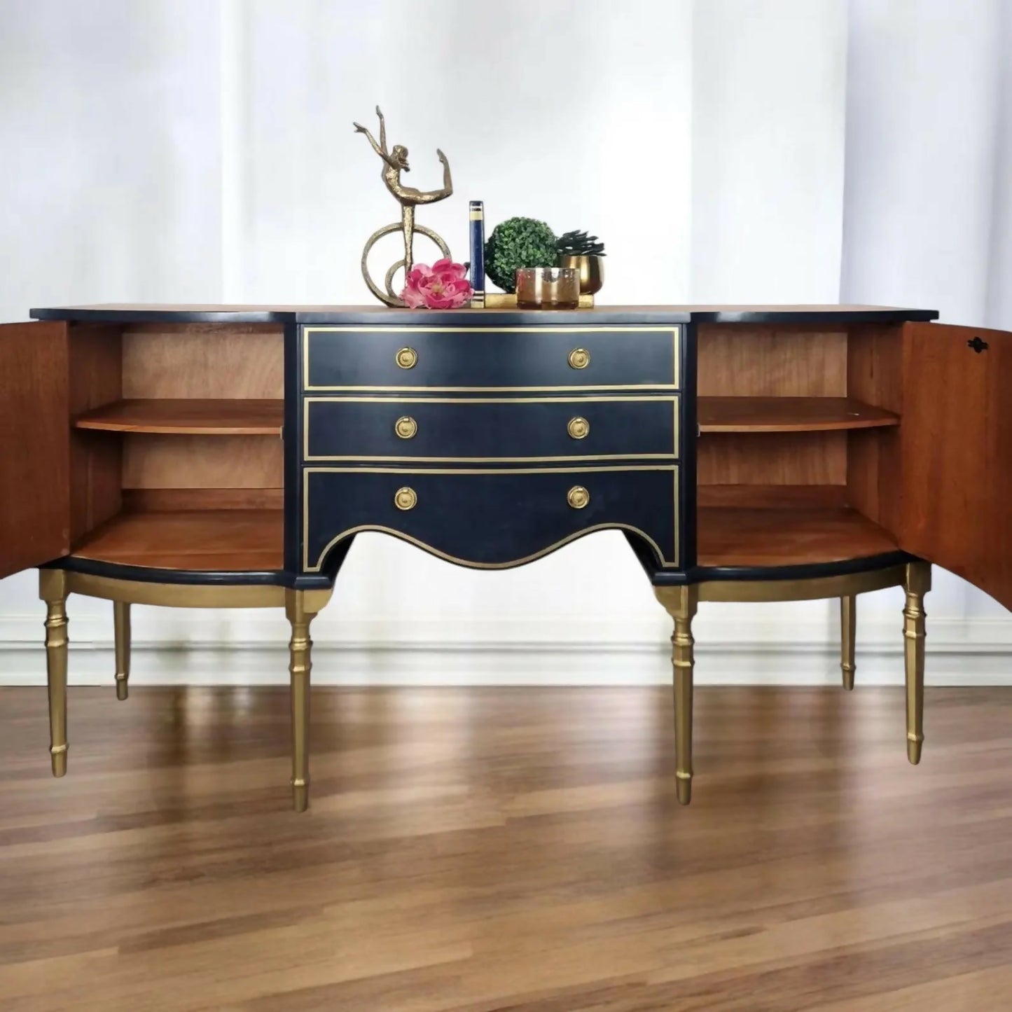 Strongbow sideboard, navy,buffet,tv stand media unit,navy furniture, decoupaged, furniture transfers, peacocks,gold,navy sideboard,statement